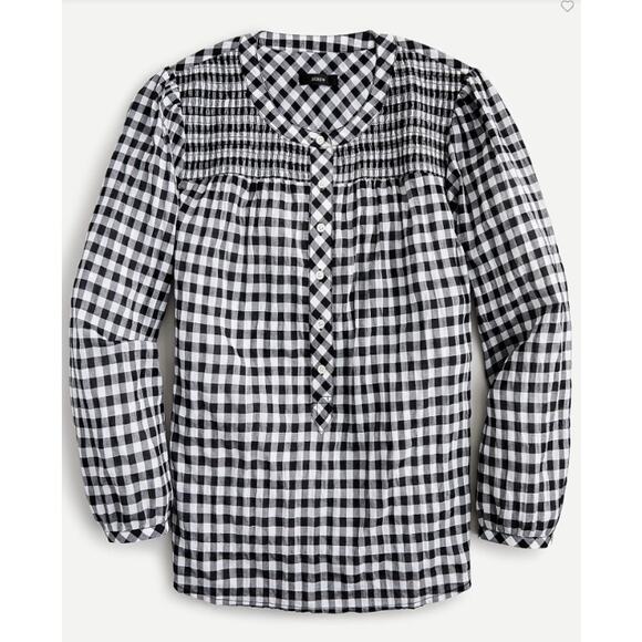 J. Crew Tops - J. Crew Smocked Popover Top in Black Crinkle Gingham Size M